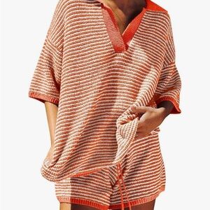 Striped Orange and White Knit Lounge Set - Top & Shorts